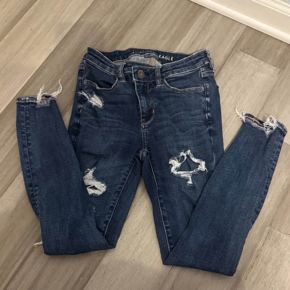 American Eagle Outfitters Dark Blue Distressed Skinny Jeans cross button